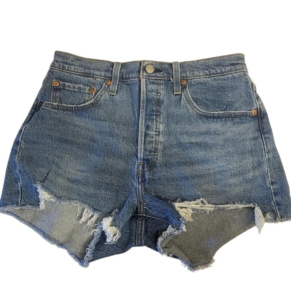 Levis 501 Button Fly Denim Shorty Shorts Women Blue Distressed Cutoff Waist 28